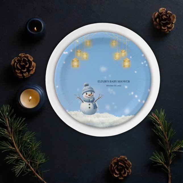 Blue Elegant Whimsical Winter Snowman Baby Shower  Paper Plate (Creator Uploaded)