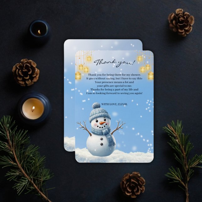 Blue Elegant Whimsical Winter Snowman Baby Shower  Thank You Card (Creator Uploaded)