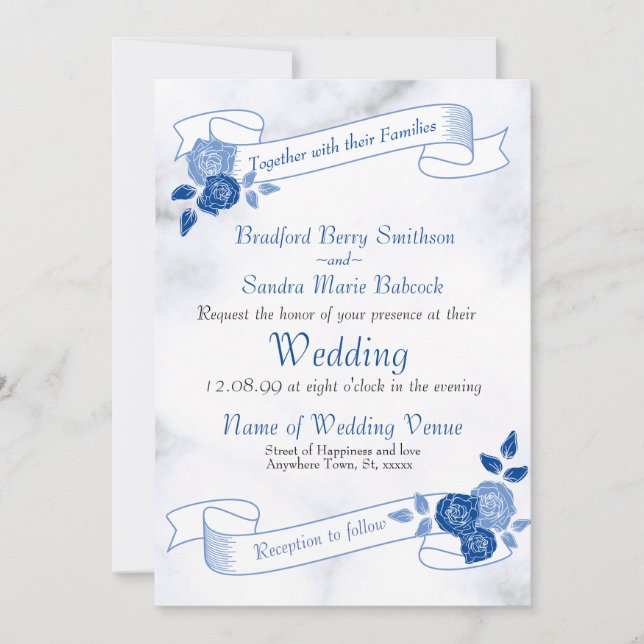Blue Elegant White Grey Floral Heart Invitation (Front)