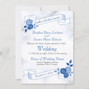 Blue Elegant White Grey Floral Heart Invitation