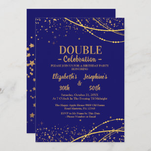 Blue elegant with gold stars double joint birthday invitation
