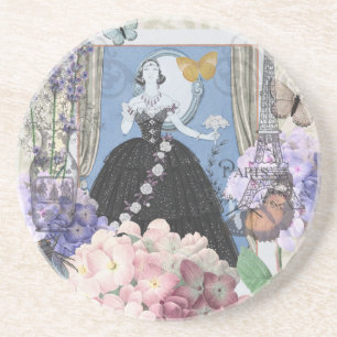 Blue Elegant Woman Floral Fancy Gown  Coaster