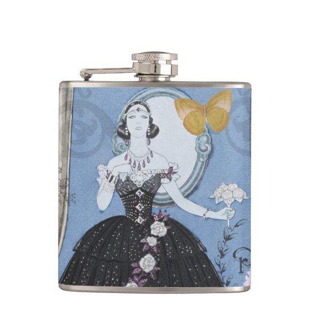 Blue Elegant Woman Floral Fancy Gown  Hip Flask (Front)