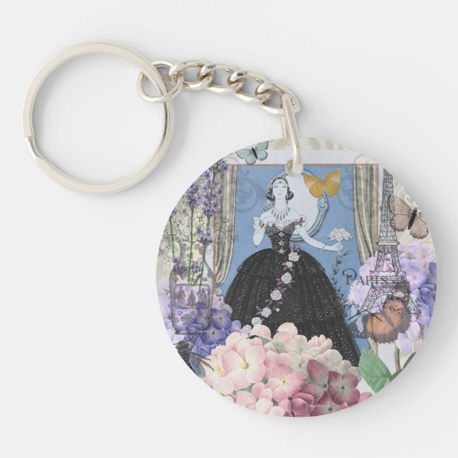 Blue Elegant Woman Floral Fancy Gown  Key Ring (Front)