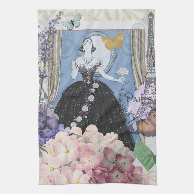Blue Elegant Woman Floral Fancy Gown  Tea Towel (Vertical)