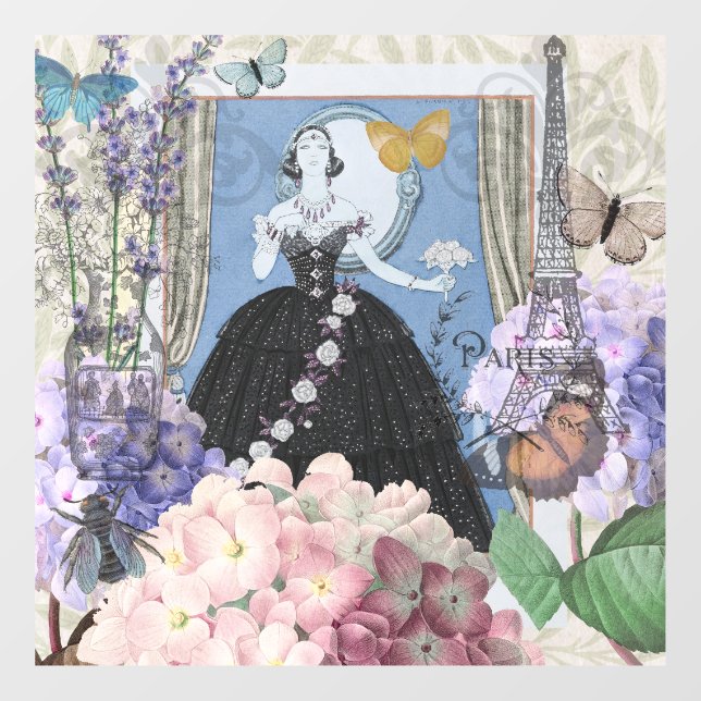 Blue Elegant Woman Floral Fancy Gown  Window Cling (Sheet)