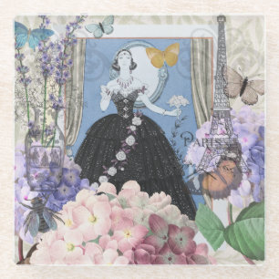 Blue Elegant Woman Floral Gown Dressy Glass Coaster