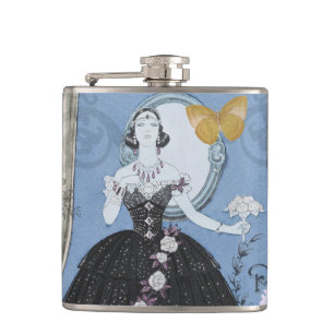 Blue Elegant Woman Floral Gown Dressy Hip Flask
