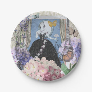 Blue Elegant Woman Floral Gown Dressy Paper Plate