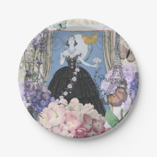 Blue Elegant Woman Floral Gown Dressy Paper Plate