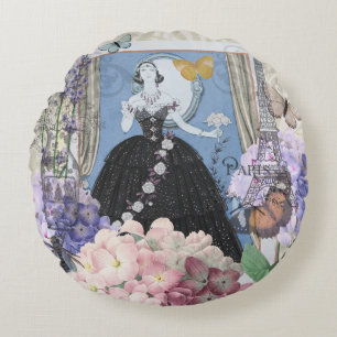 Blue Elegant Woman Floral Gown Dressy Round Cushion
