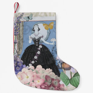 Blue Elegant Woman Floral Gown Dressy Small Christmas Stocking
