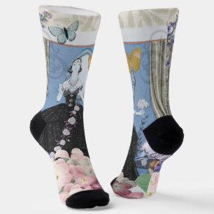 Blue Elegant Woman Floral Gown Dressy Socks