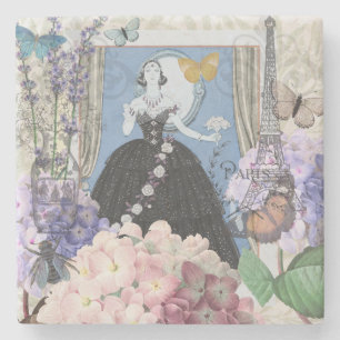 Blue Elegant Woman Floral Gown Dressy Stone Coaster