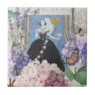 Blue Elegant Woman Floral Gown Dressy Tile