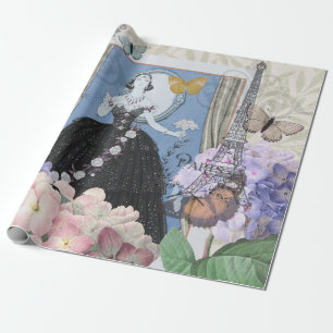 Blue Elegant Woman Floral Gown Dressy Wrapping Paper