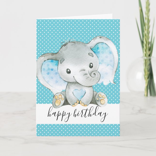 Blue Elephant 1st Birthday Baby Boy Card (Front)