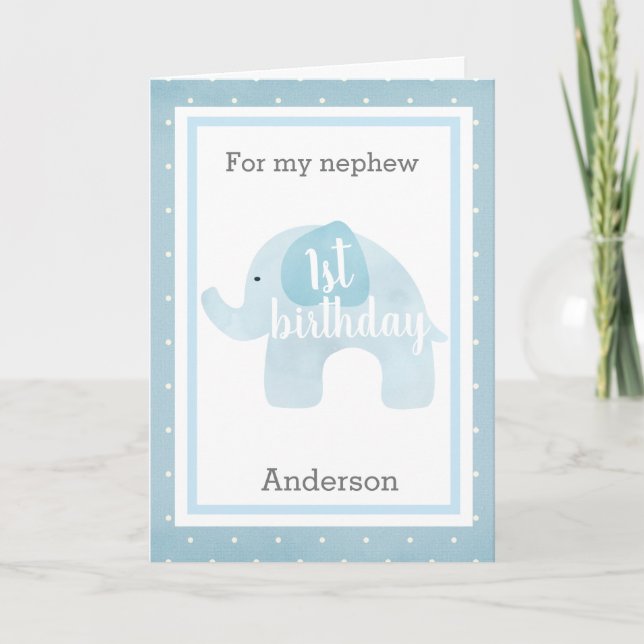 Blue Elephant 1st Birthday Nephew Card (Front)