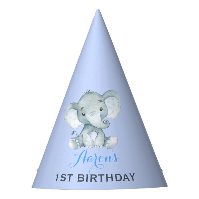 Blue Elephant 1st First Birthday Baby Boy Jungle Party Hat (Front)