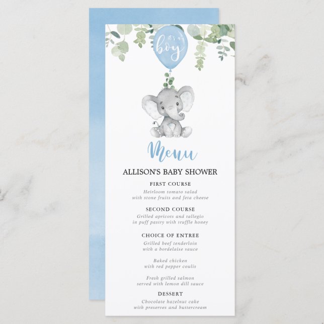Blue elephant and balloons baby shower menu (Front/Back)