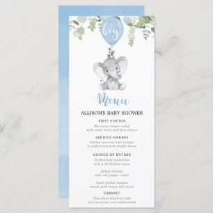 Blue elephant and balloons baby shower menu