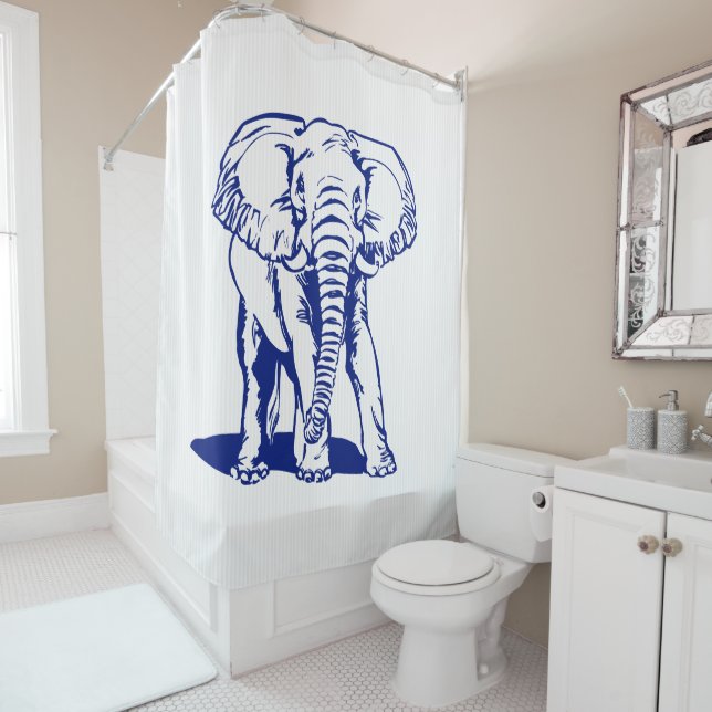 Blue Elephant And White Stripes Shower Curtain (In Situ)
