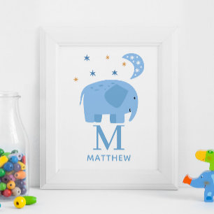 Blue elephant animal. Baby boy monogram nursery Poster