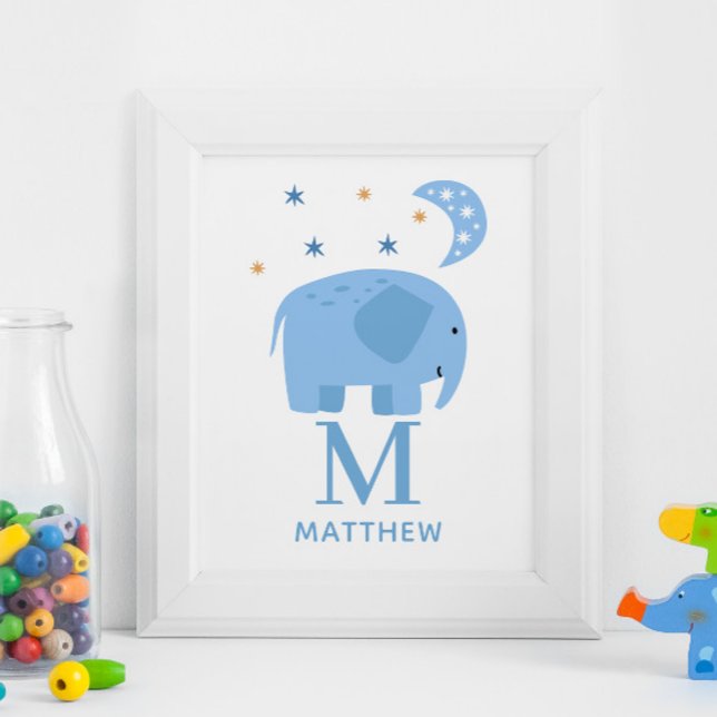 Blue elephant animal. Baby boy monogram nursery Poster (Creator Uploaded)