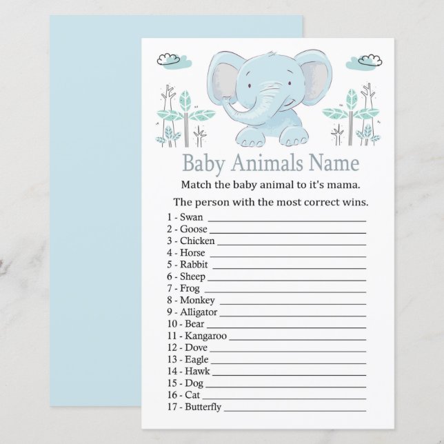 Blue elephant Baby Animals Name Game (Front/Back)