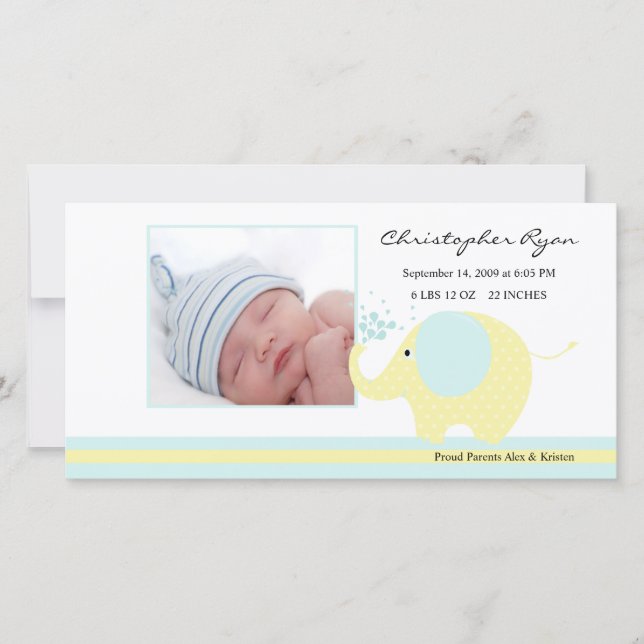 Blue Elephant Baby Boy Birth Annoucement Announcement (Front)