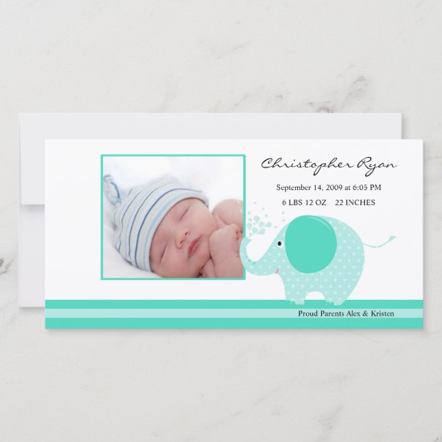 Blue Elephant Baby Boy Birth Annoucement Announcement (Front)