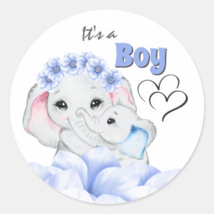 Blue elephant baby boy birth announcement classic round sticker
