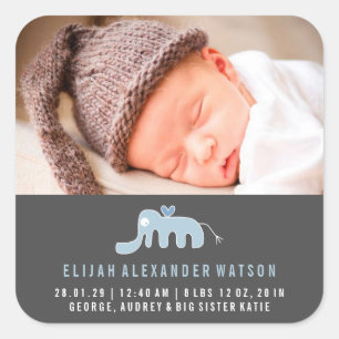 Blue Elephant Baby Boy Birth Announcement Sticker