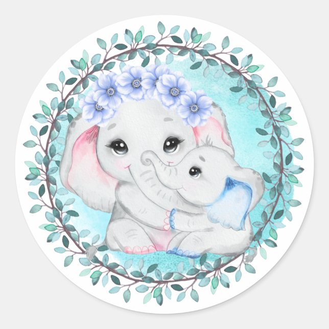 Blue elephant baby boy mum leaf wreath birth classic round sticker (Front)