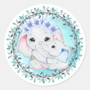 Blue elephant baby boy mum leaf wreath birth classic round sticker
