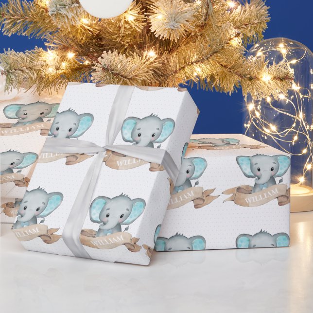 Blue Elephant Baby Boy Pattern Template Name Wrapping Paper (Holidays)