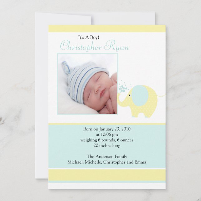 Blue Elephant Baby Boy Photo Announcement Card (Front)