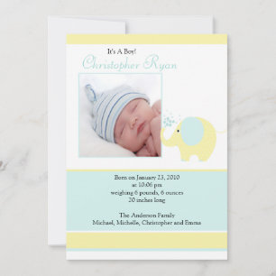 Blue Elephant Baby Boy Photo Announcement Card