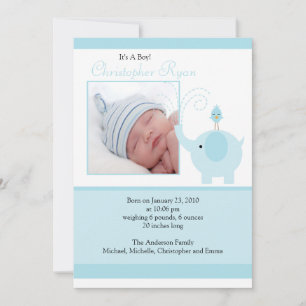Blue Elephant Baby Boy Photo Announcement Card