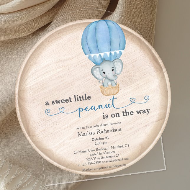 Blue Elephant Baby Boy Shower Arch Acrylic Invitations (cute elegant sweet little peanut baby boy elephant hot air balloon shower acrylic invitation)