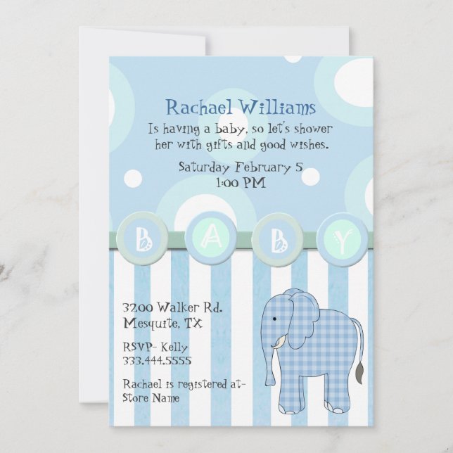 Blue Elephant Baby Boy Shower Invitation (Front)