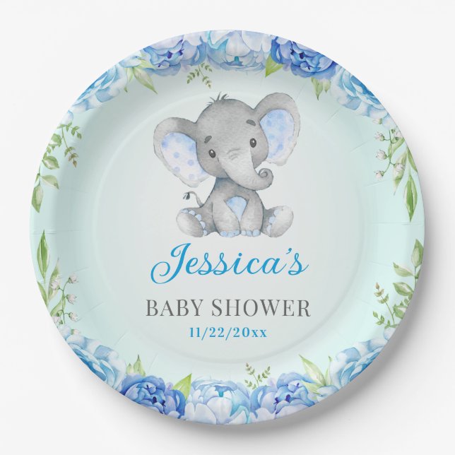 Blue Elephant Baby Boy Shower Little Peanut Party Paper Plate (Front)