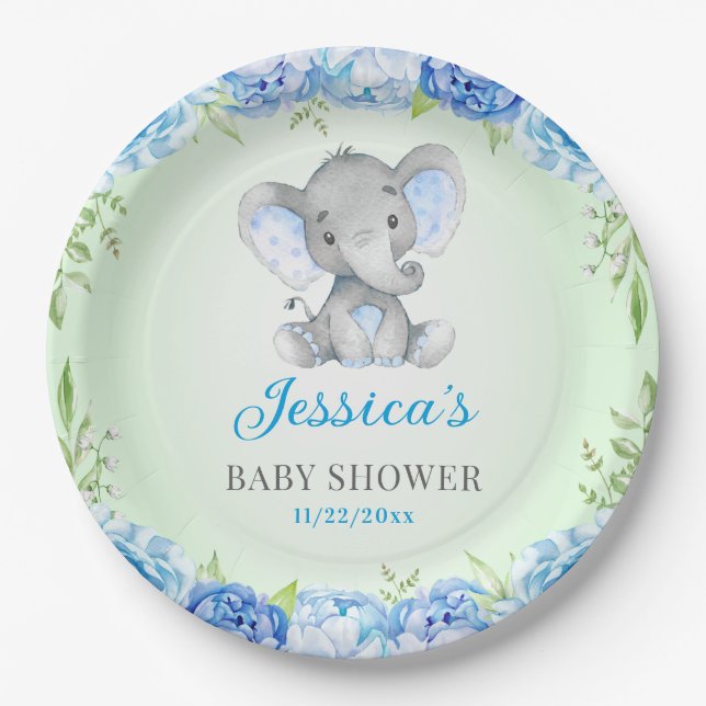 Blue Elephant Baby Boy Shower Little Peanut Party Paper Plate (Front)