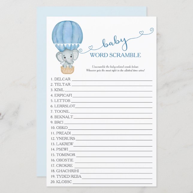 Blue Elephant Baby Boy Shower Word Scramble Game (Front/Back)