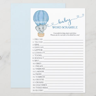 Blue Elephant Baby Boy Shower Word Scramble Game