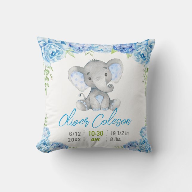 Blue Elephant Baby Boy Stats Little Peanut Nursery Cushion (Front)