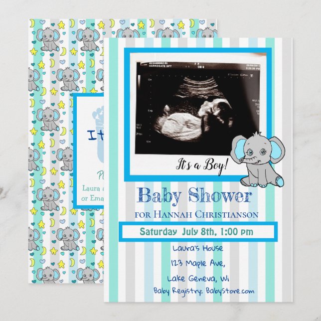 Blue Elephant Baby Boy Ultrasound Baby Shower Invitation (Front/Back)