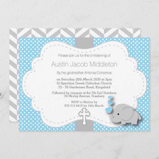 Blue - Elephant 🐘 Baby Photo - Christening Invitation (Front/Back)
