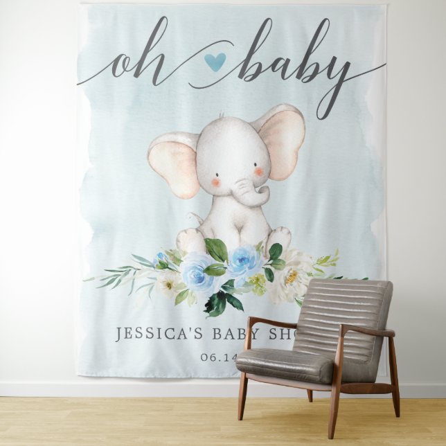 Blue Elephant Baby Shower Banner Photo Backdrop Tapestry (In Situ)
