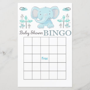 Blue elephant baby shower bingo card